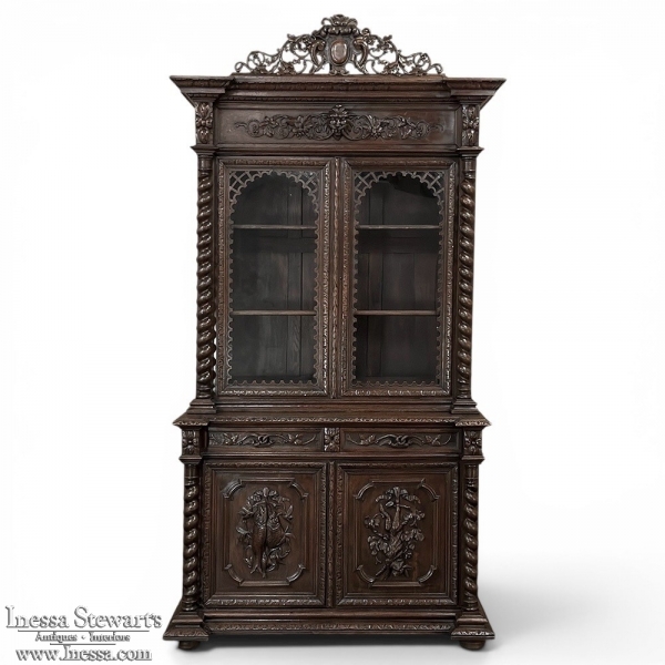 19th Century French Carved Oak Hunt Bookcase with Barley Twist Columns
