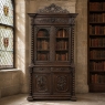 19th Century French Carved Oak Hunt Bookcase with Barley Twist Columns
