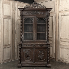 19th Century French Carved Oak Hunt Bookcase with Barley Twist Columns