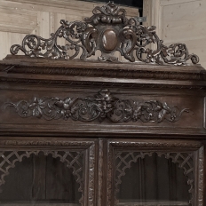 19th Century French Carved Oak Hunt Bookcase with Barley Twist Columns