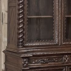 19th Century French Carved Oak Hunt Bookcase with Barley Twist Columns