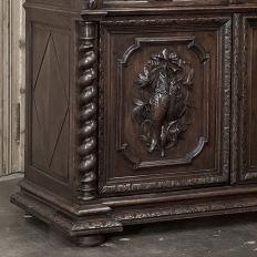 19th Century French Carved Oak Hunt Bookcase with Barley Twist Columns