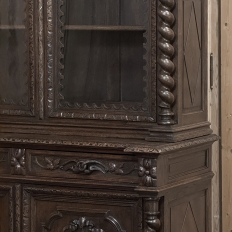 19th Century French Carved Oak Hunt Bookcase with Barley Twist Columns