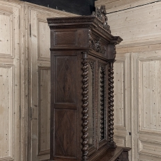 19th Century French Carved Oak Hunt Bookcase with Barley Twist Columns