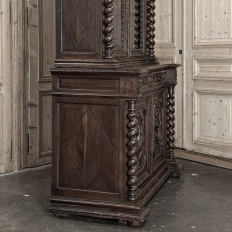 19th Century French Carved Oak Hunt Bookcase with Barley Twist Columns
