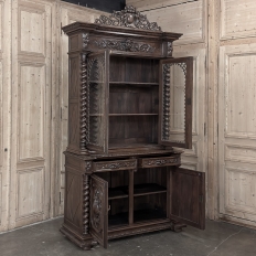 19th Century French Carved Oak Hunt Bookcase with Barley Twist Columns