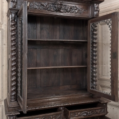 19th Century French Carved Oak Hunt Bookcase with Barley Twist Columns