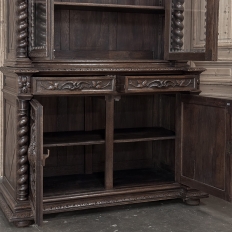 19th Century French Carved Oak Hunt Bookcase with Barley Twist Columns
