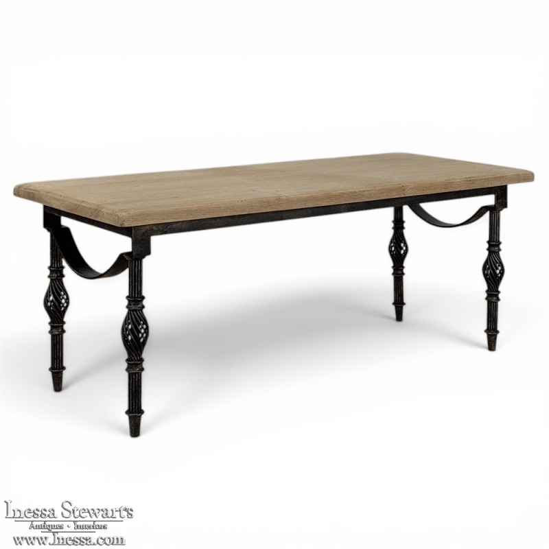 Antique Country French Stripped Oak and Hand Forged Iron Coffee Table