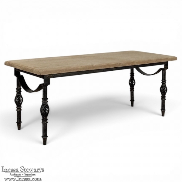 Antique Country French Stripped Oak and Hand Forged Iron Coffee Table