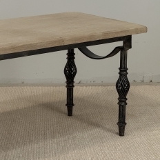 Antique Country French Stripped Oak and Hand Forged Iron Coffee Table