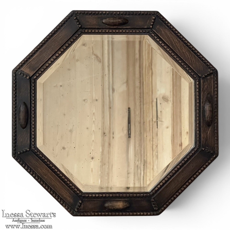 English Art Deco Octagonal Oak Wall Mirror with Beveled Glass