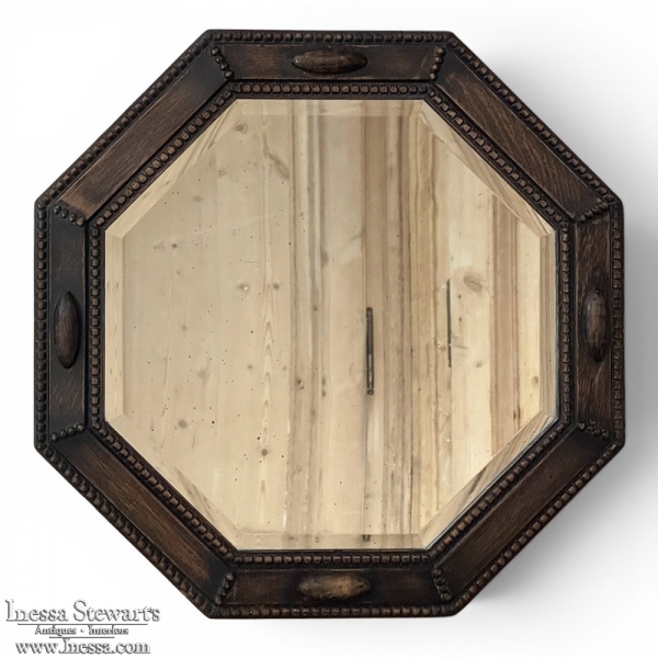 English Art Deco Octagonal Oak Wall Mirror with Beveled Glass