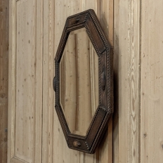 English Art Deco Octagonal Oak Wall Mirror with Beveled Glass