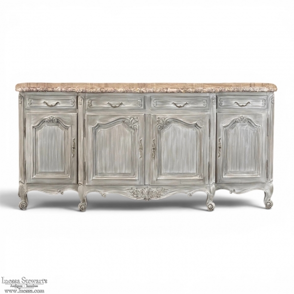 Antique Country French Whitewashed Walnut Step Front Marble Top Buffet