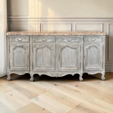 Antique Country French Whitewashed Walnut Step Front Marble Top Buffet
