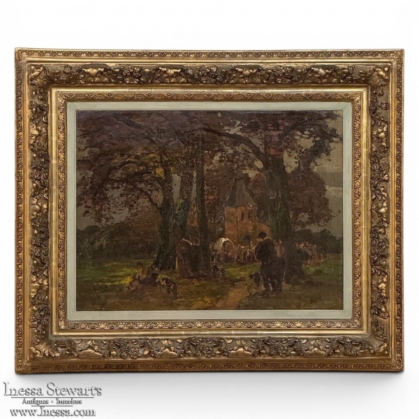 19th Century Belgian Framed Oil Painting on Canvas 'Autumn Village' by Victor de Buck (1855-1914)