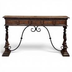 Mid Century Spanish Walnut Sofa Table ~ Console with Hand Forged Iron Stretcher