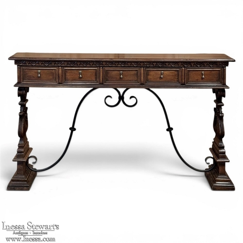 Mid Century Spanish Walnut Sofa Table ~ Console with Hand Forged Iron Stretcher