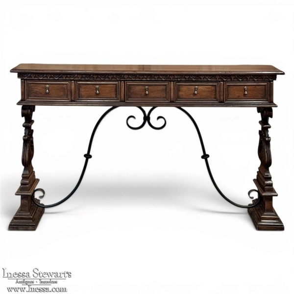 Mid Century Spanish Walnut Sofa Table ~ Console with Hand Forged Iron Stretcher