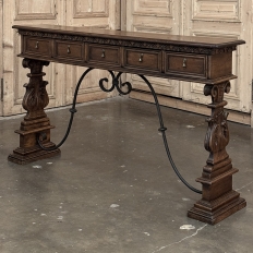 Mid Century Spanish Walnut Sofa Table ~ Console with Hand Forged Iron Stretcher