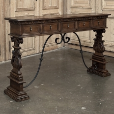 Mid Century Spanish Walnut Sofa Table ~ Console with Hand Forged Iron Stretcher