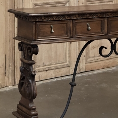 Mid Century Spanish Walnut Sofa Table ~ Console with Hand Forged Iron Stretcher