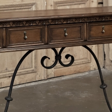 Mid Century Spanish Walnut Sofa Table ~ Console with Hand Forged Iron Stretcher