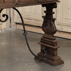 Mid Century Spanish Walnut Sofa Table ~ Console with Hand Forged Iron Stretcher