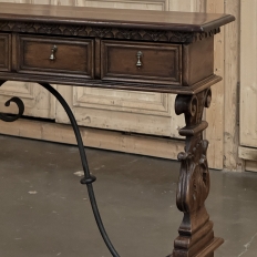 Mid Century Spanish Walnut Sofa Table ~ Console with Hand Forged Iron Stretcher