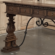 Mid Century Spanish Walnut Sofa Table ~ Console with Hand Forged Iron Stretcher