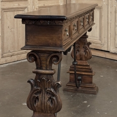 Mid Century Spanish Walnut Sofa Table ~ Console with Hand Forged Iron Stretcher