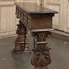Mid Century Spanish Walnut Sofa Table ~ Console with Hand Forged Iron Stretcher