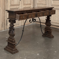 Mid Century Spanish Walnut Sofa Table ~ Console with Hand Forged Iron Stretcher