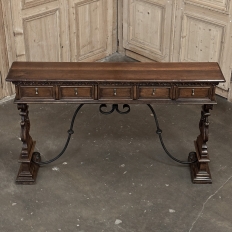 Mid Century Spanish Walnut Sofa Table ~ Console with Hand Forged Iron Stretcher
