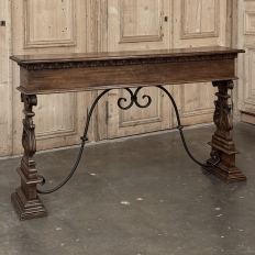 Mid Century Spanish Walnut Sofa Table ~ Console with Hand Forged Iron Stretcher