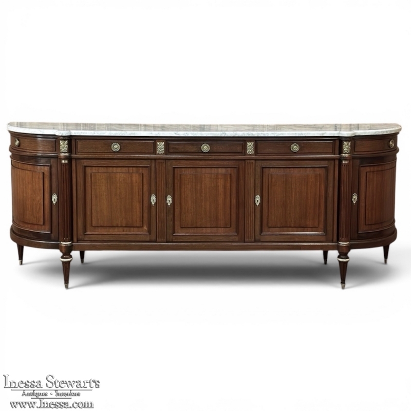 Grand French Louis XVI Mahogany Round-Sided Buffet with Carrara Marble