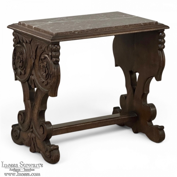 Renaissance Style Marble Top Carved End Table ~ Side Table