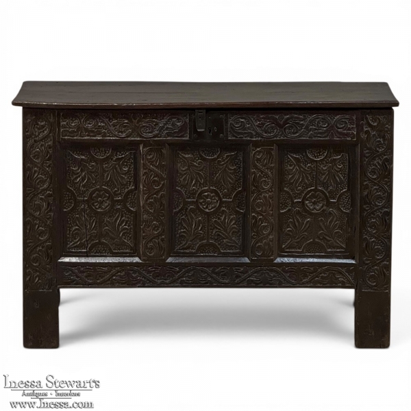 18th Century Dutch Gothic Revival Period Carved Oak Trunk ~ Blanket Chest