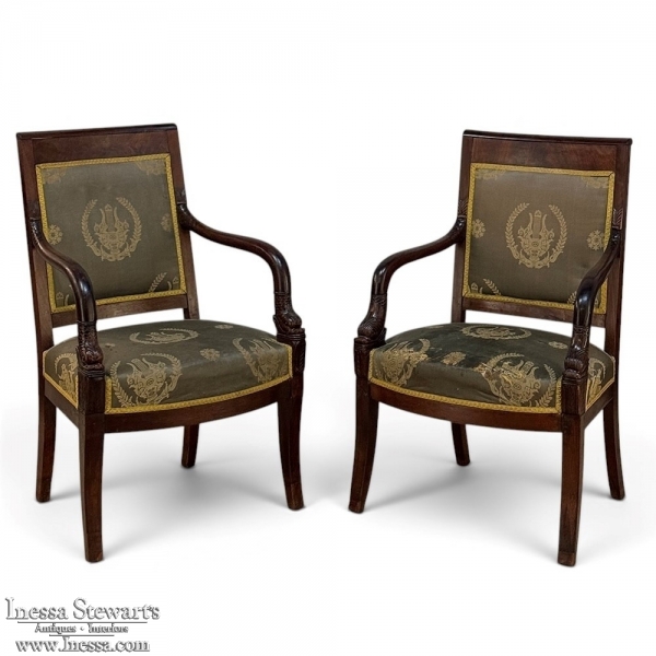 Pair 19th Century French Empire Period Mahogany Armchairs ~ Fauteuils