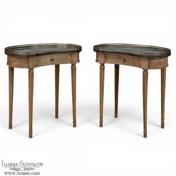 Pair of Louis XVI Neoclassical Stripped Mahogany Side Tables with Bronze Trim
