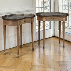 Pair of Louis XVI Neoclassical Stripped Mahogany Side Tables with Bronze Trim