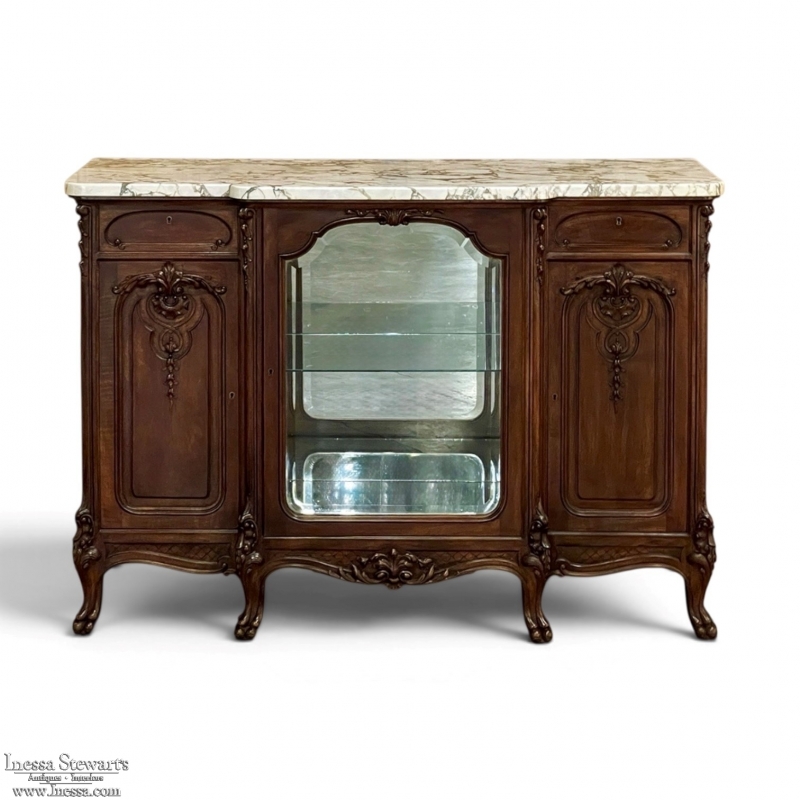 19th Century French Louis XIV Marble Top Walnut Display Buffet