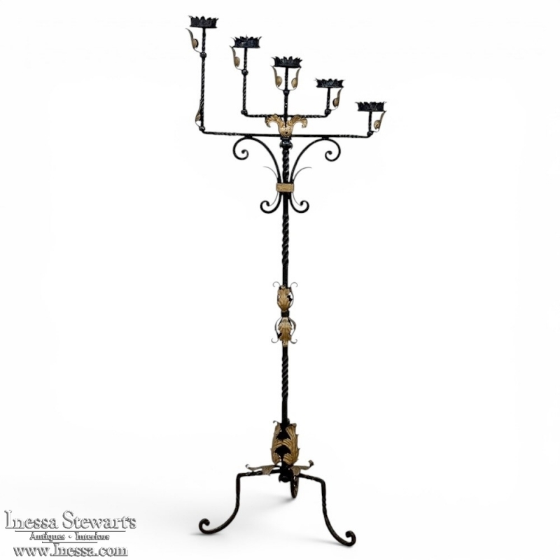 Spanish Revival Hand Forged Iron and Brass Torchère ~ Floor Candelabra