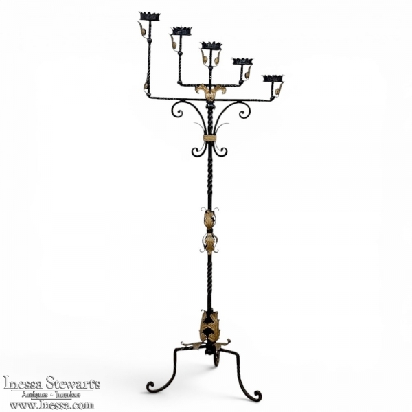 Spanish Revival Hand Forged Iron and Brass Torch&egrave;re ~ Floor Candelabra