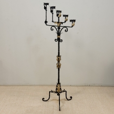 Spanish Revival Hand Forged Iron and Brass Torchère ~ Floor Candelabra