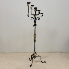 Spanish Revival Hand Forged Iron and Brass Torchère ~ Floor Candelabra