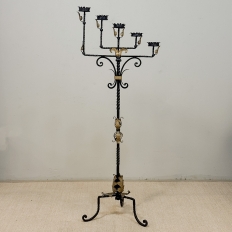 Spanish Revival Hand Forged Iron and Brass Torchère ~ Floor Candelabra