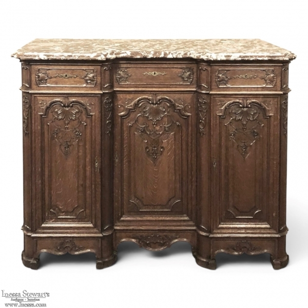 Antique Liegoise Louis XIV Marble Top Buffet with Hand-Carved Panels