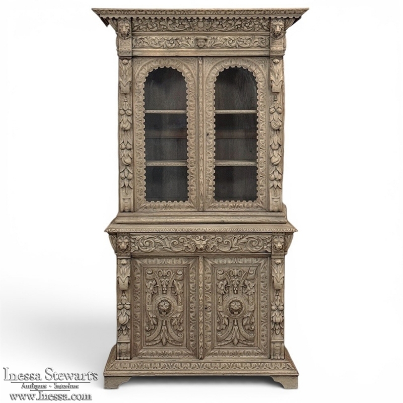 19th Century French Renaissance Revival Carved Bookcase in Stripped Oak